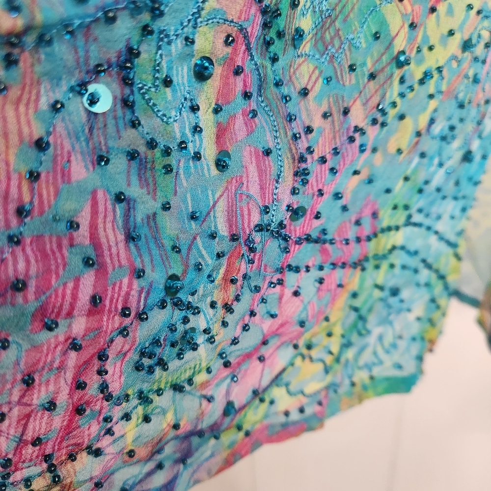 100% Silk DStudio Sheer Tunic Swim Cover-Up Top Boho Bohemian Summer Beaded - Picture 6 of 9